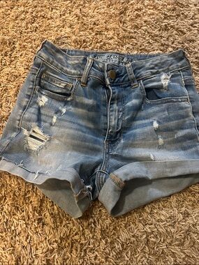 American Eagle Outfitters Medium Blue Distressed Rolled-Hem Denim Shorts